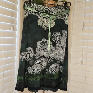 Desigual Green A-Line Midi Skirt with Printed Lace Front